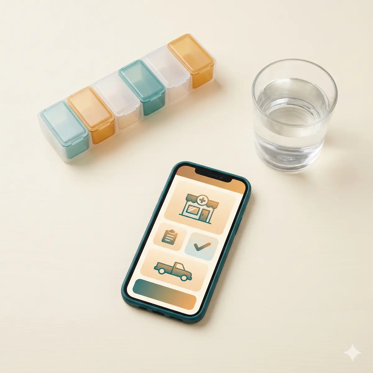 A pill organizer, a glass of water, and a phone showing a pharmacy pickup confirmation