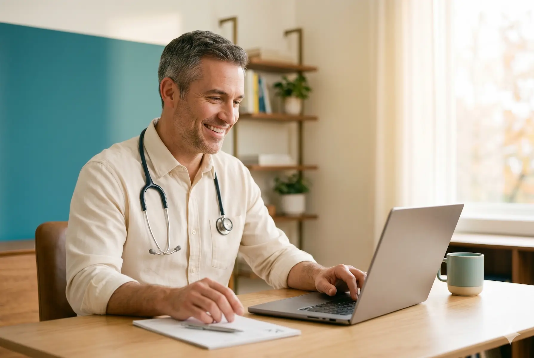 A licensed Florida physician reviewing and approving an online medication refill on a laptop