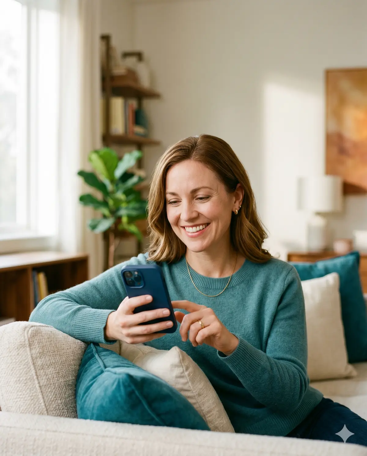 A woman at home using her phone to request a prescription refill online